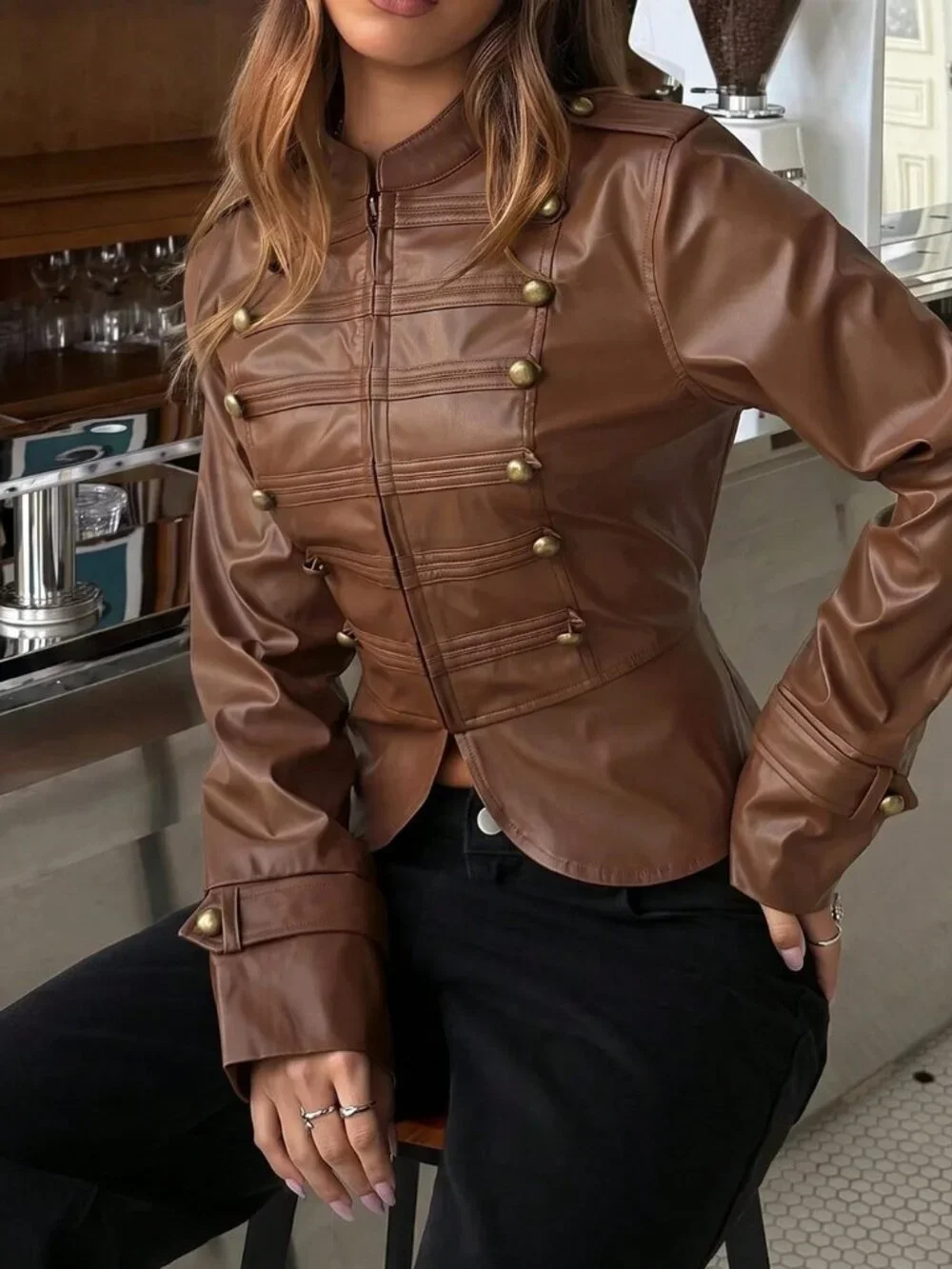Brown Casual Women's Long Sleeve Zipper Front  Jacket